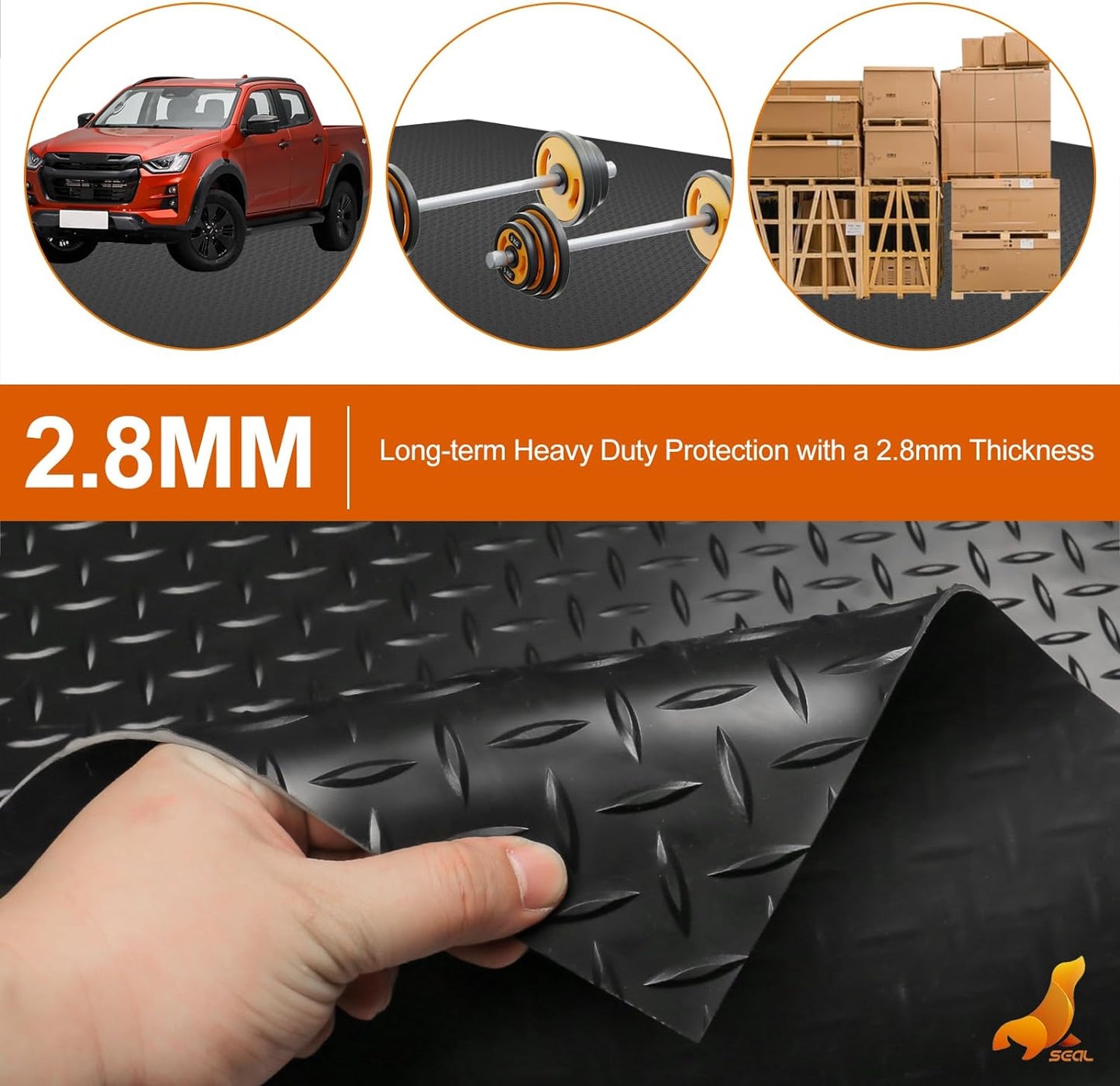 SEAL 4 x 15 Ft Premium Garage Floor Mat, Solid 2.8mm Thickened Black Commercial Grade Heavy Duty Parking Mat for Garage Floor, Golf Cart, Water/Stain Resistant Floor Runner (Embossed Diamond Plate)