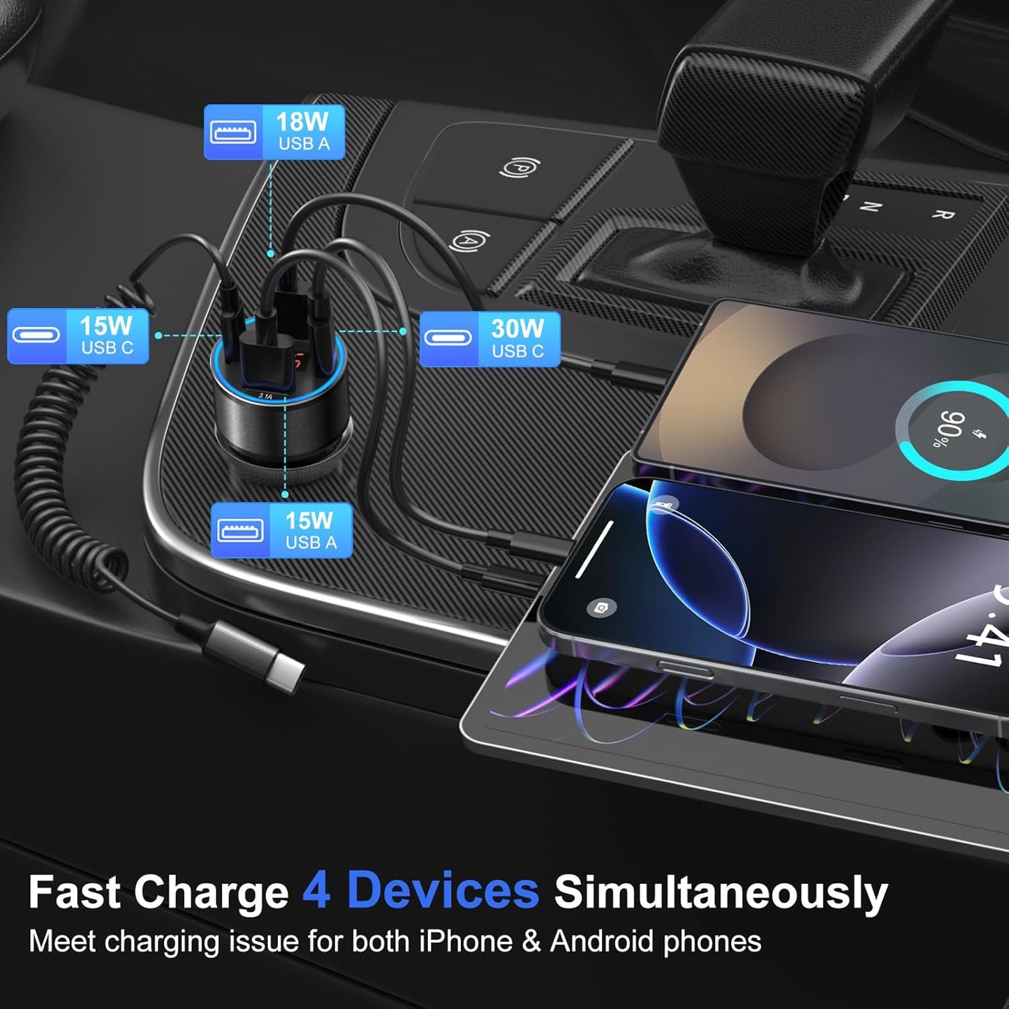 USB C Car Charger, 4-Port 65W Dual 12V USB-A & USB-C Car Phone Charger with Voltmeter PD/QC 3.0 Fast Charging Cigarette Lighter Adapter for iPhone 16e 15 14 13 12 11 Pro Max,Samsung, Android(Black)