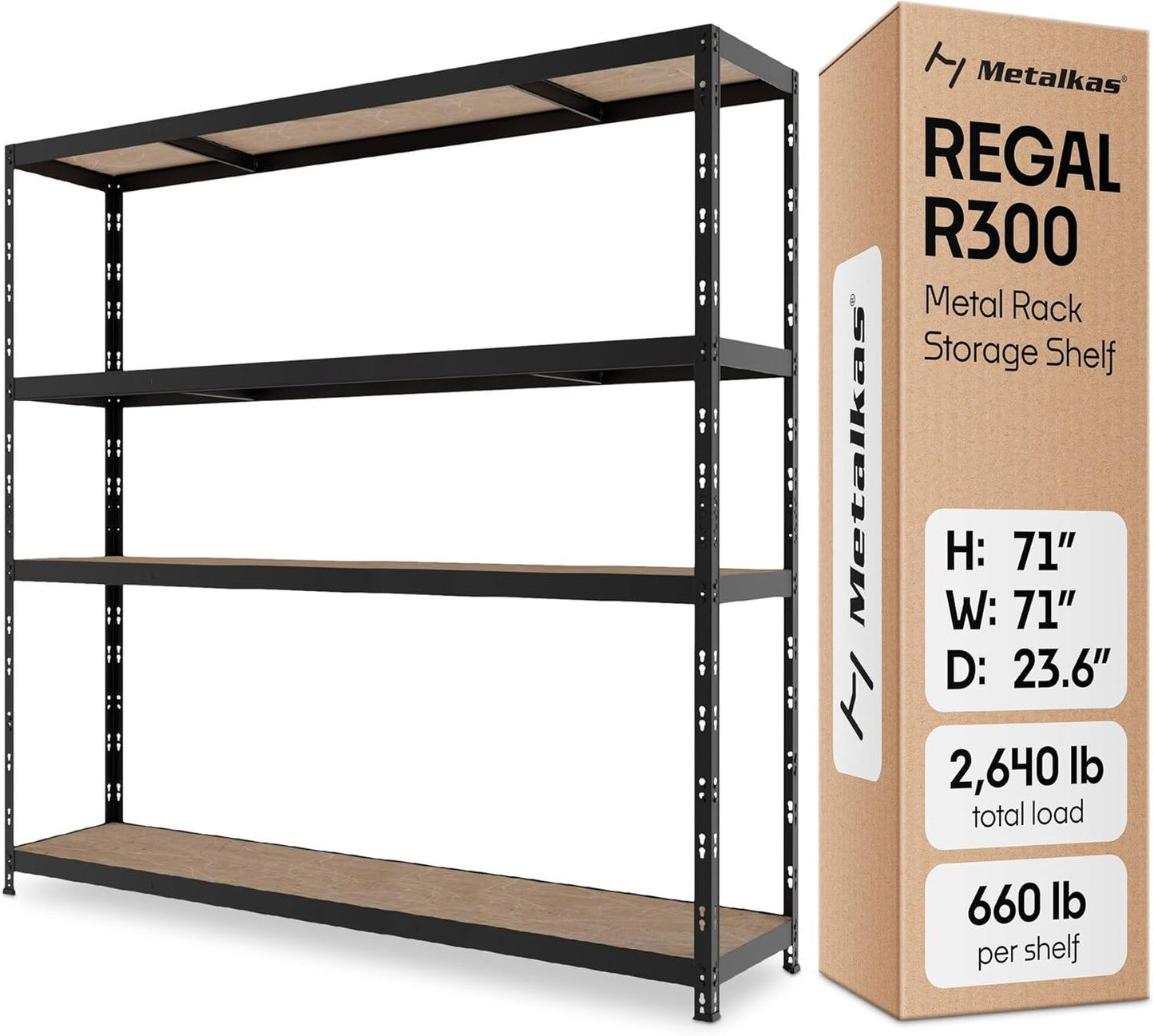 Storage Shelves: 4 Storage Shelves Heavy Duty w/ 2,640 lb Total Load Capacity, 660 per Storage Shelf, 71x71x24 | Adjustable Shelving Unit, Robust Garage Shelving, Extra Long Steel Profiles