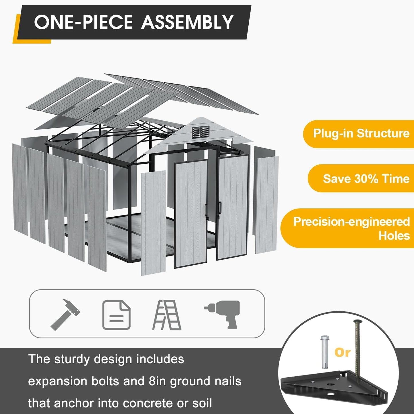 8 x 10 FT Plastic Tool Shed, All-Weather Outdoor Garden Tool Shed with Floor, Lockable Doors & Windows, Resin Storage Shed for Patio, Poolside, Backyard