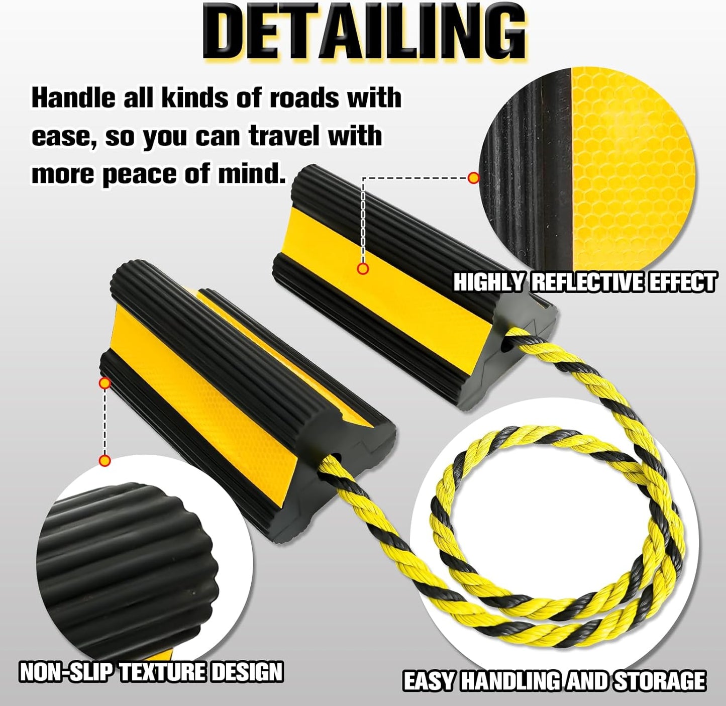 Heavy-Duty Wheel Chocks with Extra-Long Safety Rope (86") - 2-Pack Reflective Rubber Blocks for Trailers, Trucks, Campers & Garage Use (4pair/8pack with Rope)