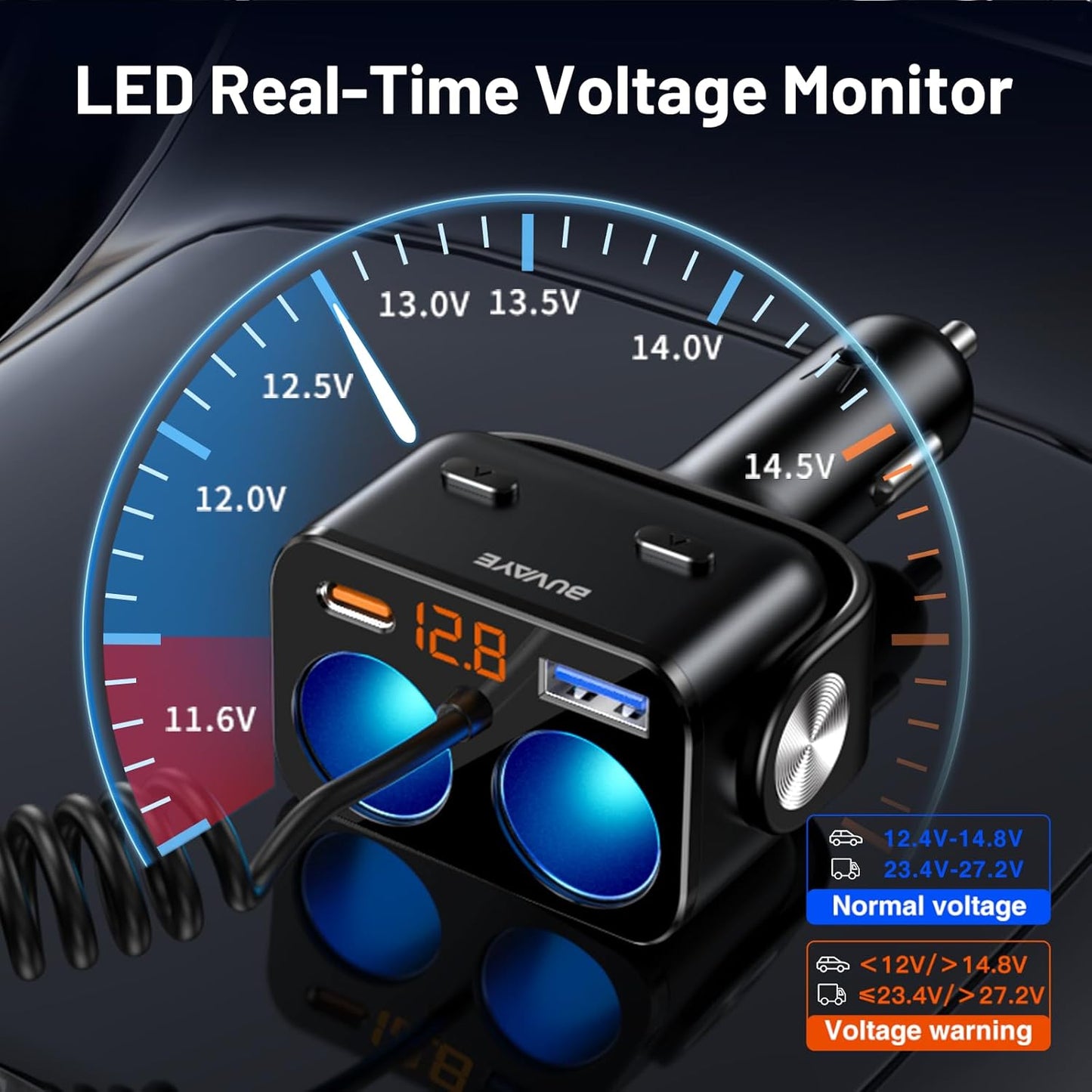 5 in 1 Cigarette Lighter Splitter with 5ft Coiled Cable, 2-Socket Cigarette Lighter Adapter, Dual Car Charger Splitter, 12V/24V Splitter for iPhone/iPad//GPS/Dash Cam/Laptop