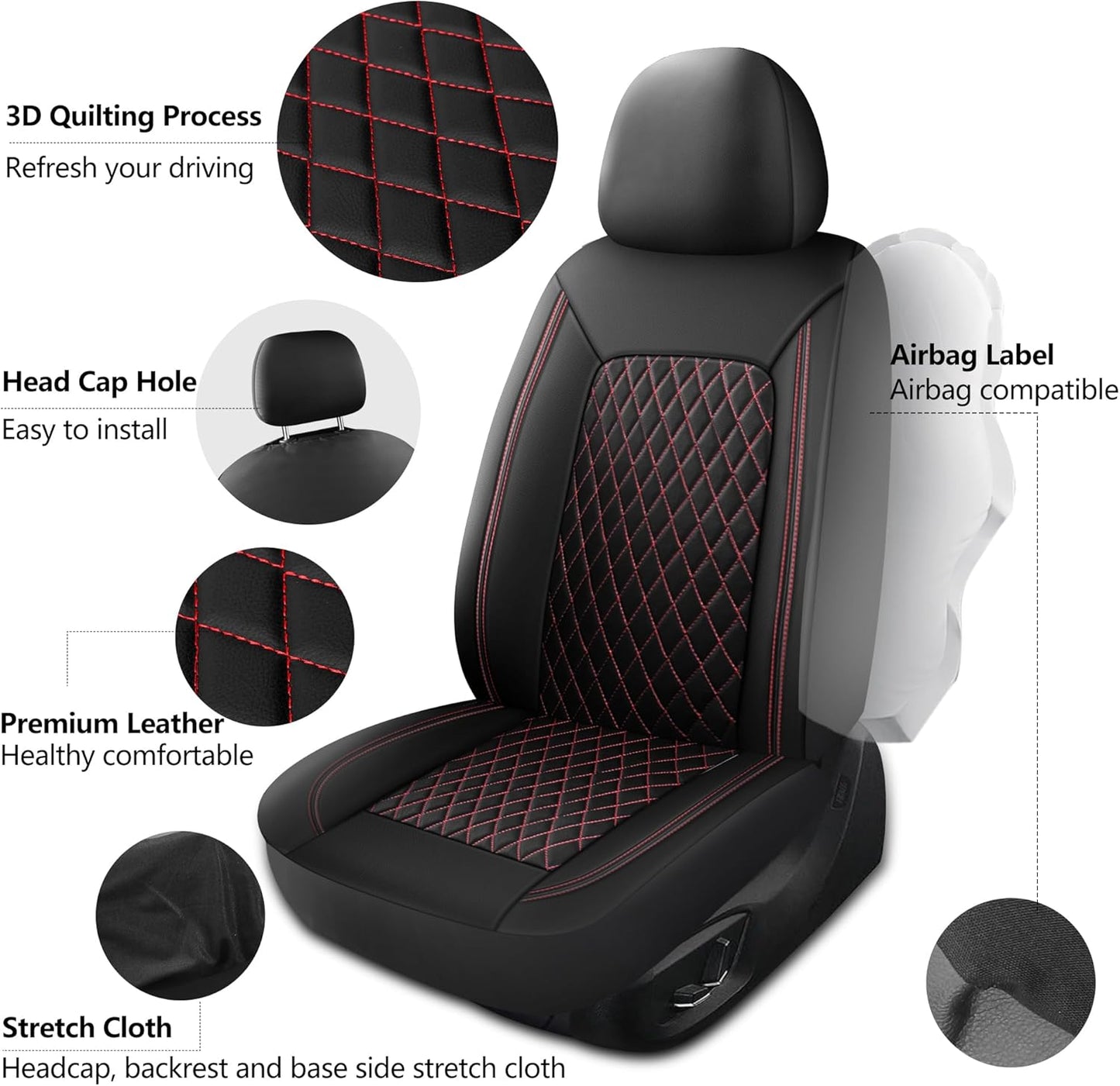 Car Seat Cover,Breathable and Waterproof Leather Seat Covers,Luxury PU Universal Fit Automotive Airbag Compatible for Cars Sedans SUV and Trucks(2 Pieces,Front Seat,Black+Redline,N1)