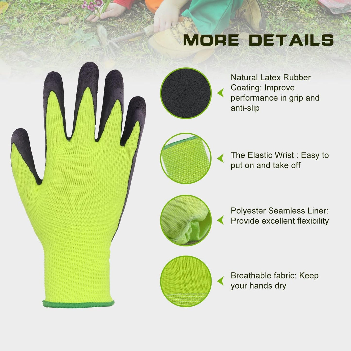 HANDLANDY 3 Pairs Kids Gardening Gloves Latex Free, Nitrile Coated Children Toddler Garden Yard Work Gloves for Little Girls Boys (Size S, Black-Green)