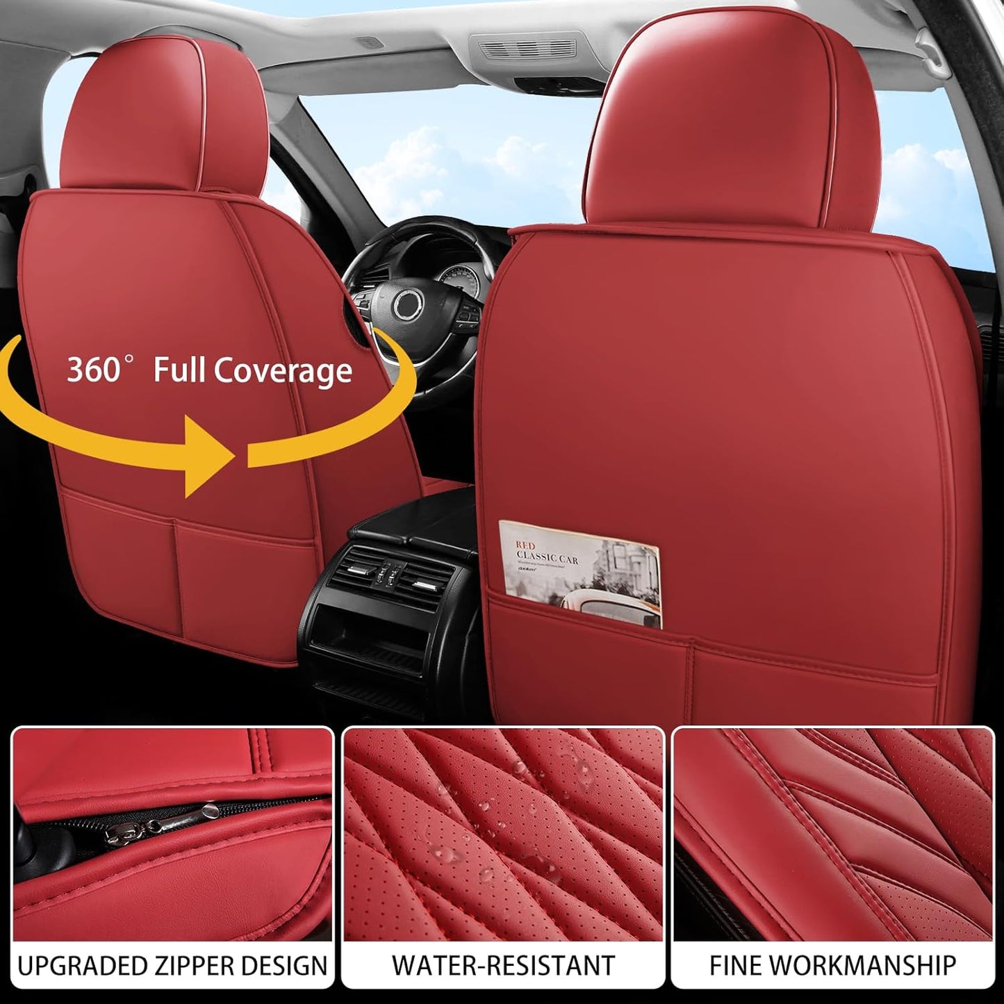 WELLDO Car Seat Covers Full Set, Leather Seat Covers for Cars, Car Seat Protector Waterproof, Non-Slip Car Interior Covers Full Set Universal Automotive Seat Covers for Most Sedans SUVs, Burgundy