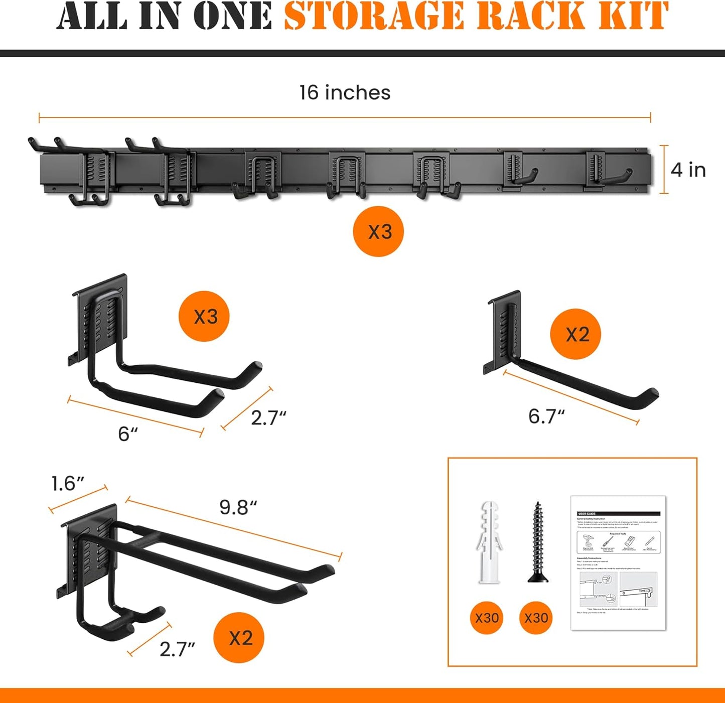 Garage Storage, Garage Organization, Garage Tool Organizer Wall Mount, Garden Tool Organization and Storage 48.1 Inches, Max 450lbs Adjustable Metal Hooks, Hangers Garden Yard Tool Rack,