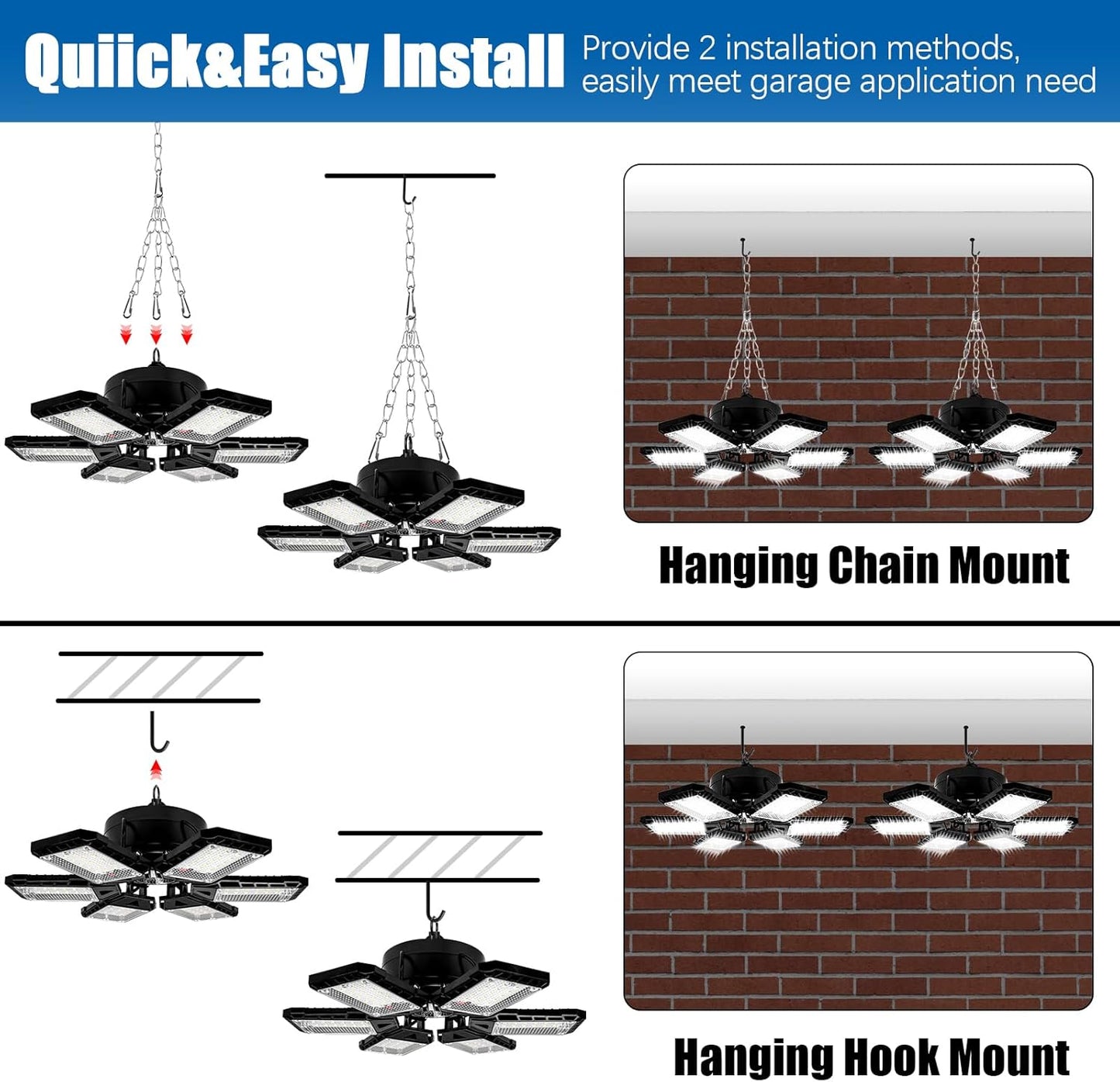 LED Garage Lights 4 Pack -180W, 18000LM 6500K Led Shop Light with 6+1 Deformable Panels, Basement Barn Light Garage Ceiling Lights, E26/E27 for Garage, Warehouse, Shop, Basement