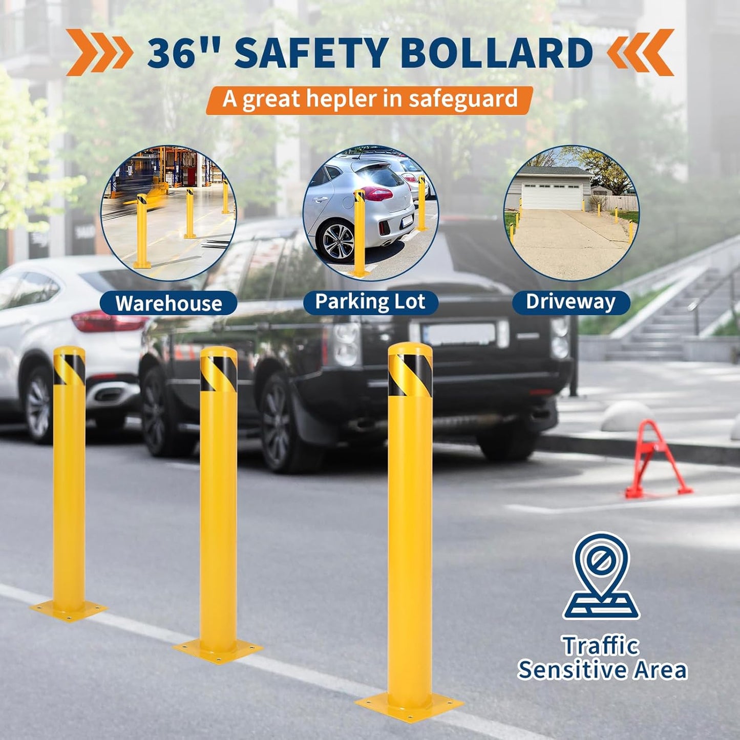 4.5x48 Inch Safety Bollard Post - Yellow Steel Bollard with Anchor Bolts (4-Pack) for Parking Lots, Walkways & Traffic Areas