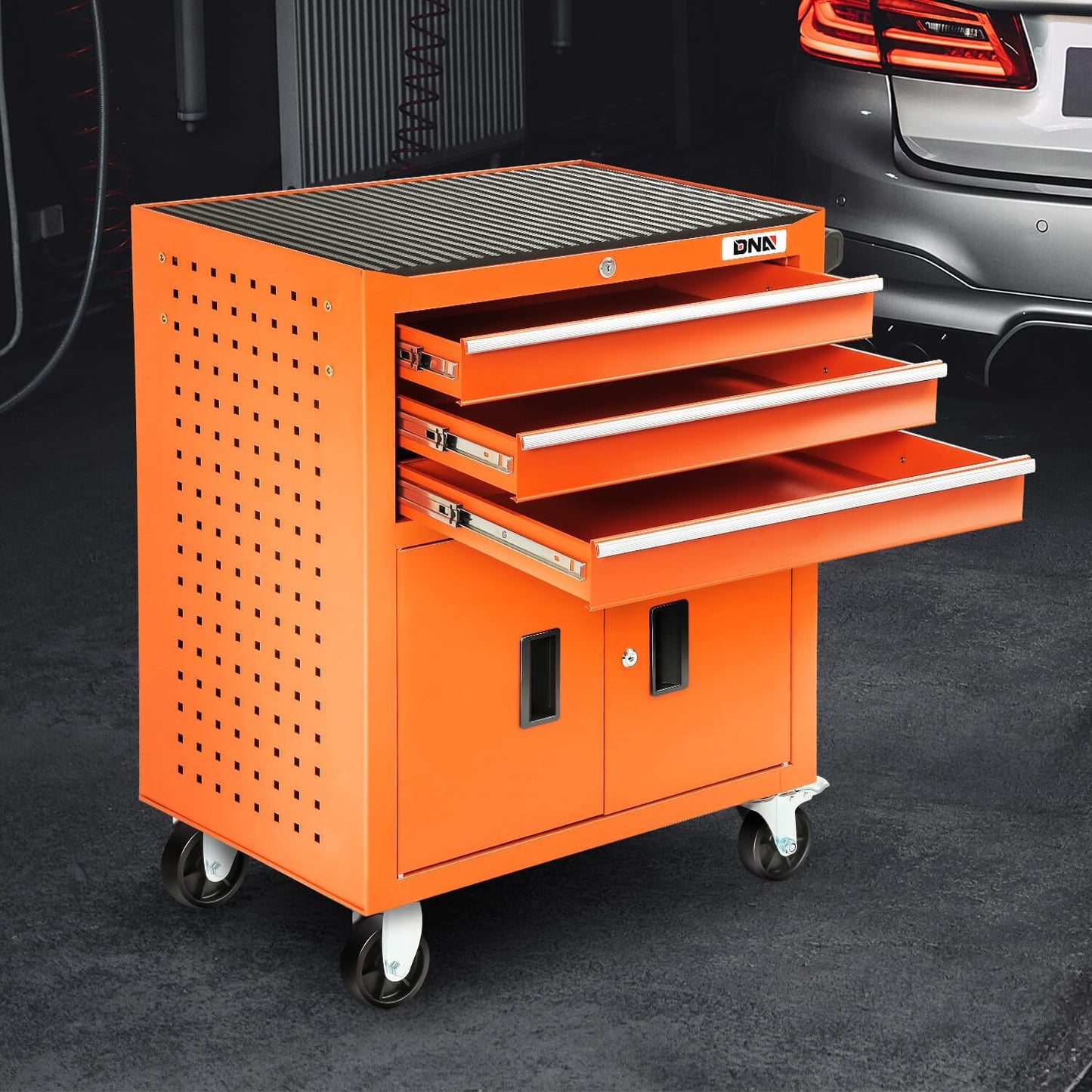 DNA MOTORING 3-Drawer Rolling Tools Chest, Rolling Tool Storage Cabinet, Heavy Duty Mechanic Tool Cart, Trolley Organizer for Garage, Warehouse, Workshop, Orange, TOOLS-00405
