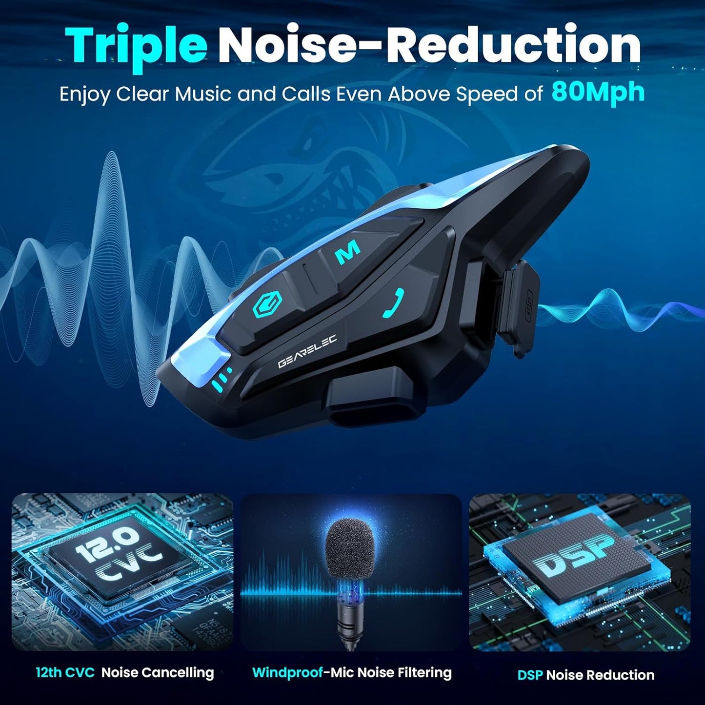 gearelec Motorcycle Helmet Bluetooth Headset [Deep Bass & Super-Noise-Reduction] Shark Pro Motorcycle Bluetooth Headset with Upgrade Hi-Fi Speakers, 2000M 8 Riders Intercom