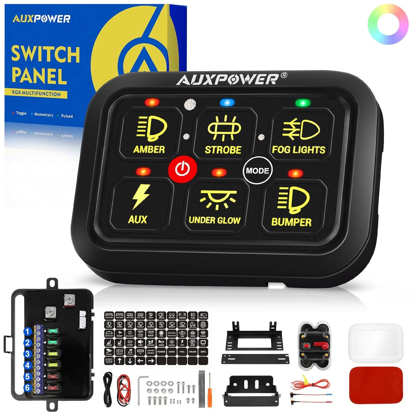 Auxpower 6 Gang Switch Panel Toggle Momentary Pulsed Led Switch Panel RGB Dimmable Switch Panel Auxiliary Circuit Control Relay System Automotive Switch Panel for Truck Boat Car(RGB A26 Switch Panel)