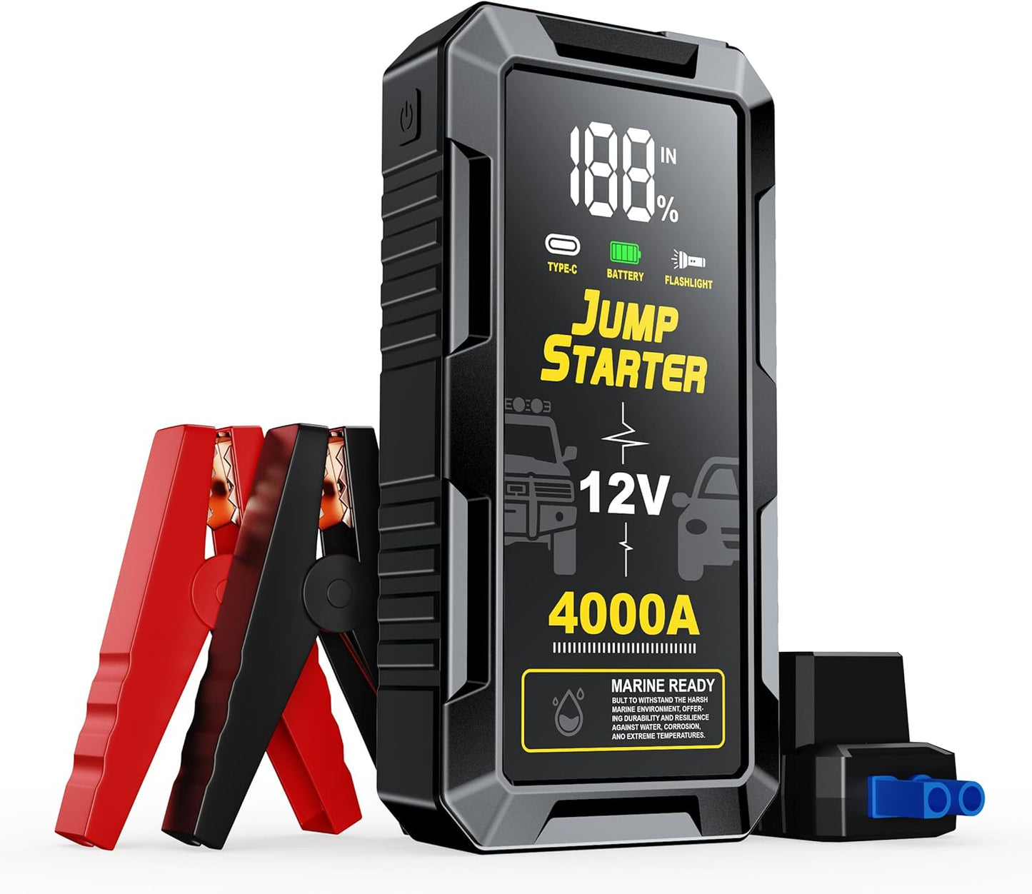 Car Battery Jump Starter with 4000A Peak Smart Clip LCD Display and 3 Modes Flashlight for Up to All Gas and 10.0L Diesel Engine 12V Auto Battery Booster Jumper Cables Portable Lithium Jump Box