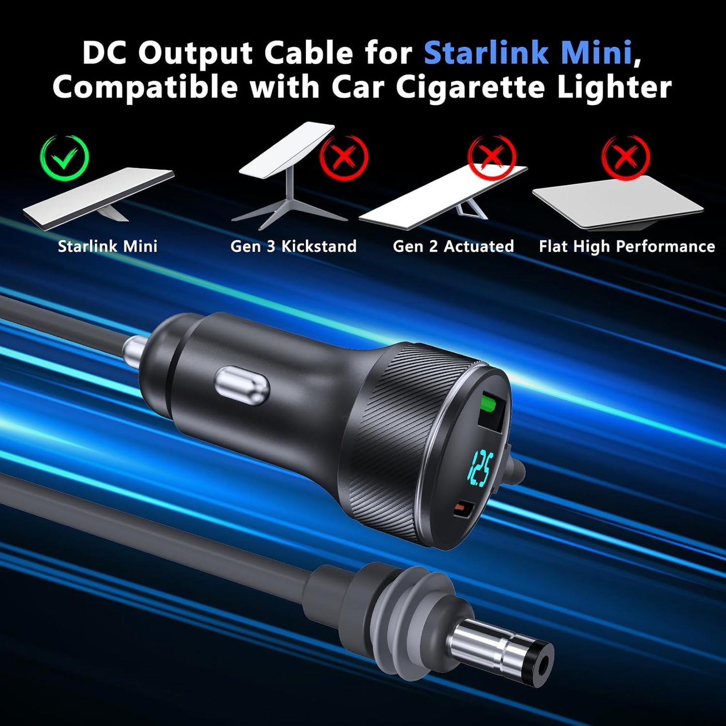 3-in-1 Starlink Mini Cable, Car Charger with Digital Display | 40W USB-C PD & 35W USB-A Ports | All-Weather Shielded Cable for RV, Truck, Boat (12V-48V) (9.8ft)