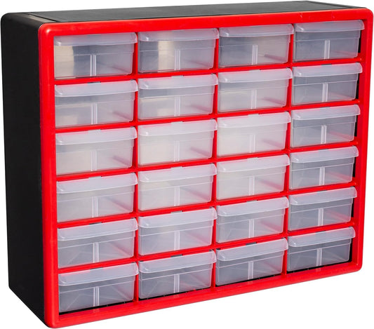 Akro-Mils 24-Drawer Plastic Drawer Storage Cabinet for Garage Organization, Bead Organizer, Building Bricks Storage, Teacher Toolbox, Makeup Organizer, 20-Inch W x 6-Inch D x 16-Inch H, 10124 Red