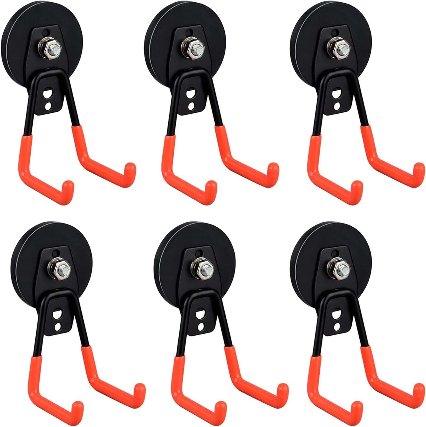 ULIBERMAGNET Heavy Duty Magnetic Garage Hooks,6 Pack Strong Large Magnet Hooks for Power Drill,Garden Tools,Hose,Pegboard,Garage, Workshop,Magnetic Storage Hook for Indoor Outdoor Hanging(Orange)