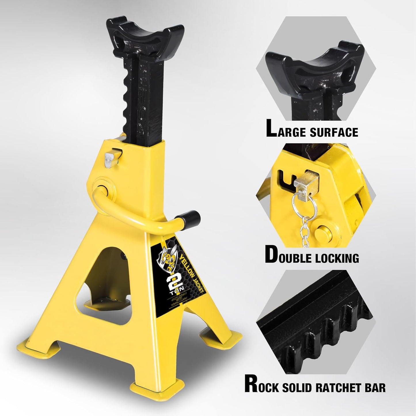 YELLOW JACKET 2 Ton Jack Stands with Double Locking and Large Foot Base for Lifting Car, Heavy Duty Steel, 4,400 lb Capacity, Yellow, 1 Pair