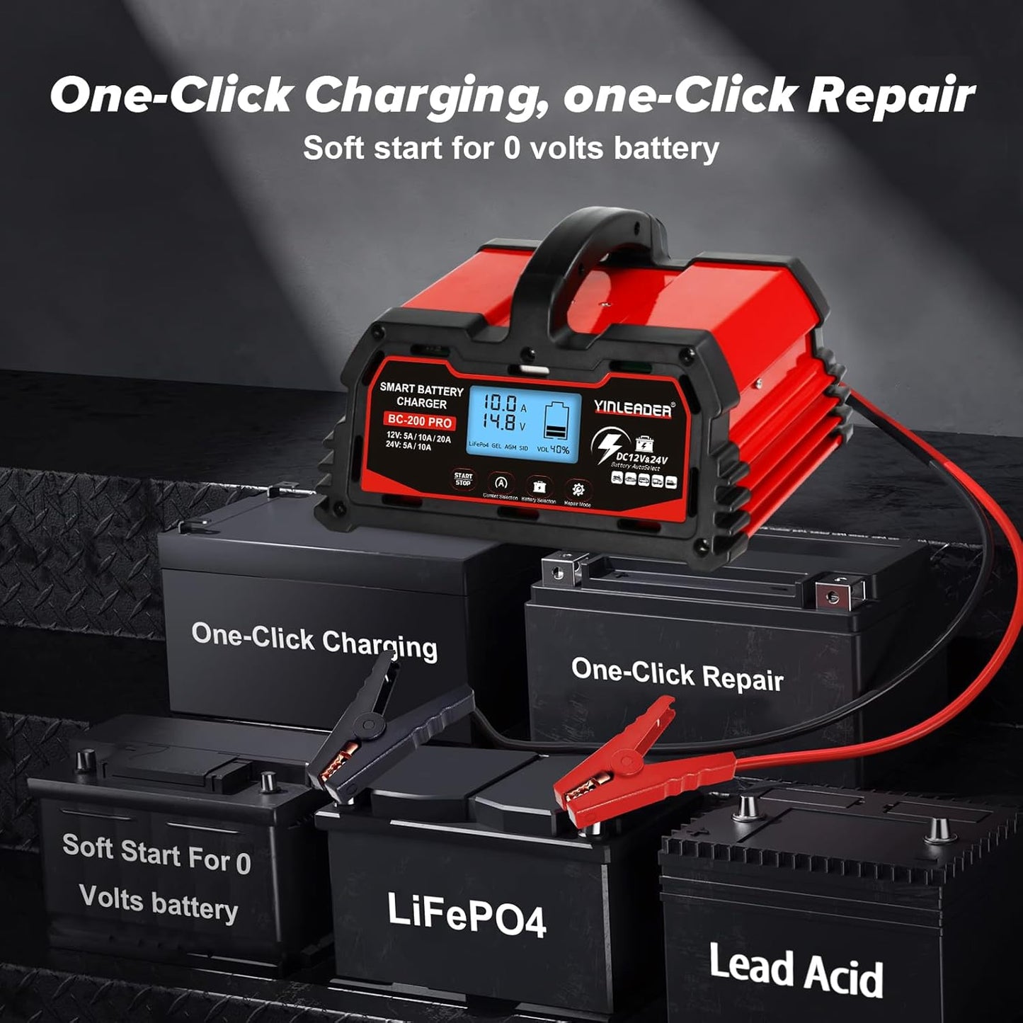 Battery Charger 20A, 12V/24V Lead Acid Smart Battery Charger, 12V LiFePO4 Car Battery Trickle Charger, Automatic Battery Maintainer for Car Motorcycle Lawn Mower Marine Boat Lead Acid Batteries