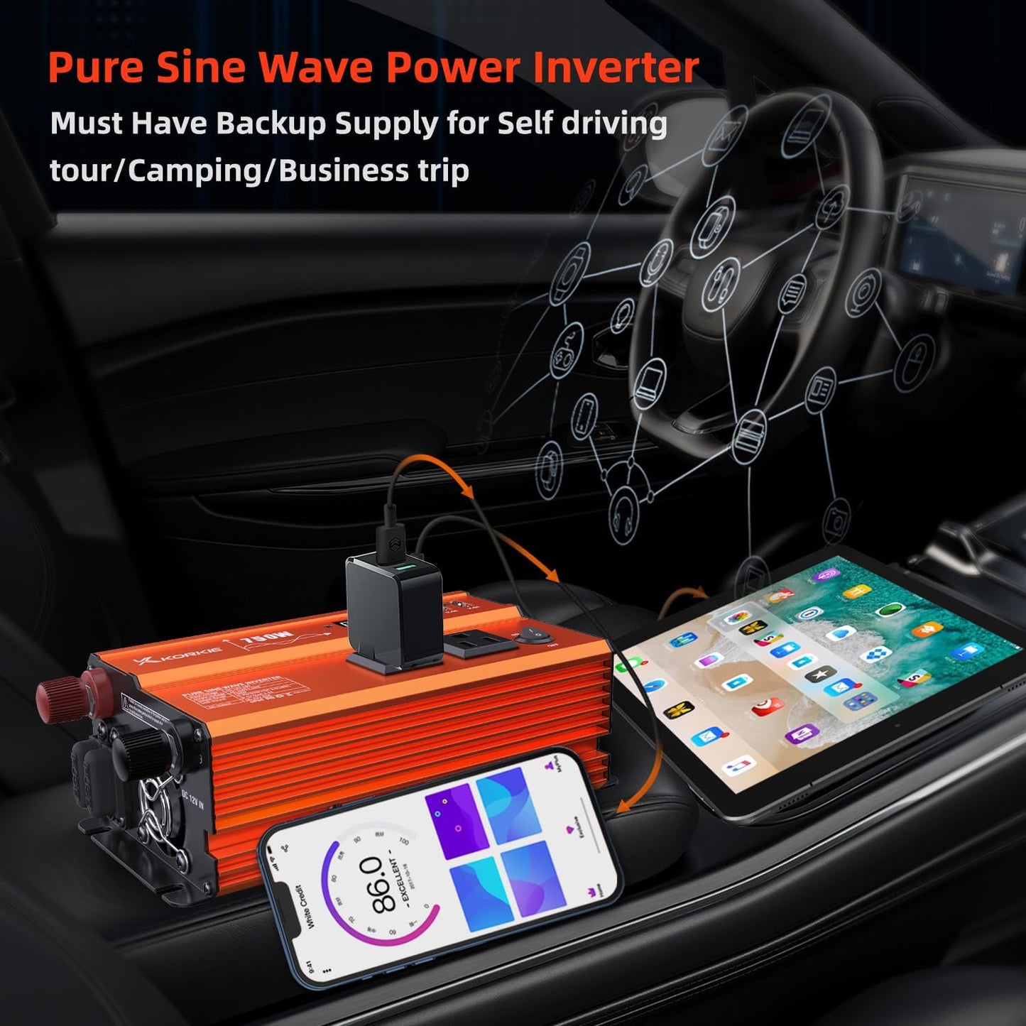 750W Pure Sine Wave Inverter, Car Power Inverter, 12V DC to 110V AC Power Converter, Emergency Power Inverter with Type-C, Dual 5.2V/2.4A USB, 3AC Outlets for Home,Camping, RV, Truck, Vehicles