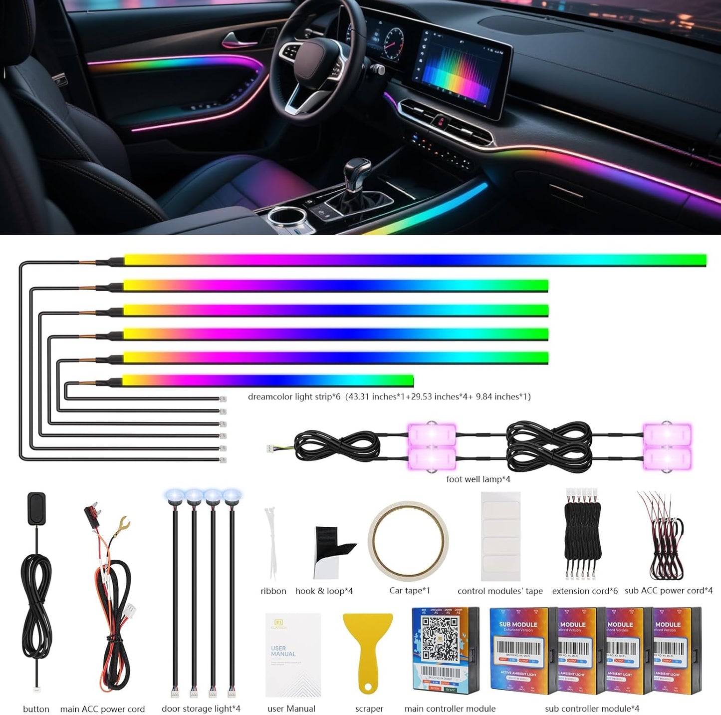 2025 Upgraded Dreamcolor Acrylic Interior Car LED Strip Light with Self-Developed App Dreamcolor RGB 14 in 1 | Dual Zone Control | Super Brighter Strips | Music Sync Ambient Lighting Car Interior