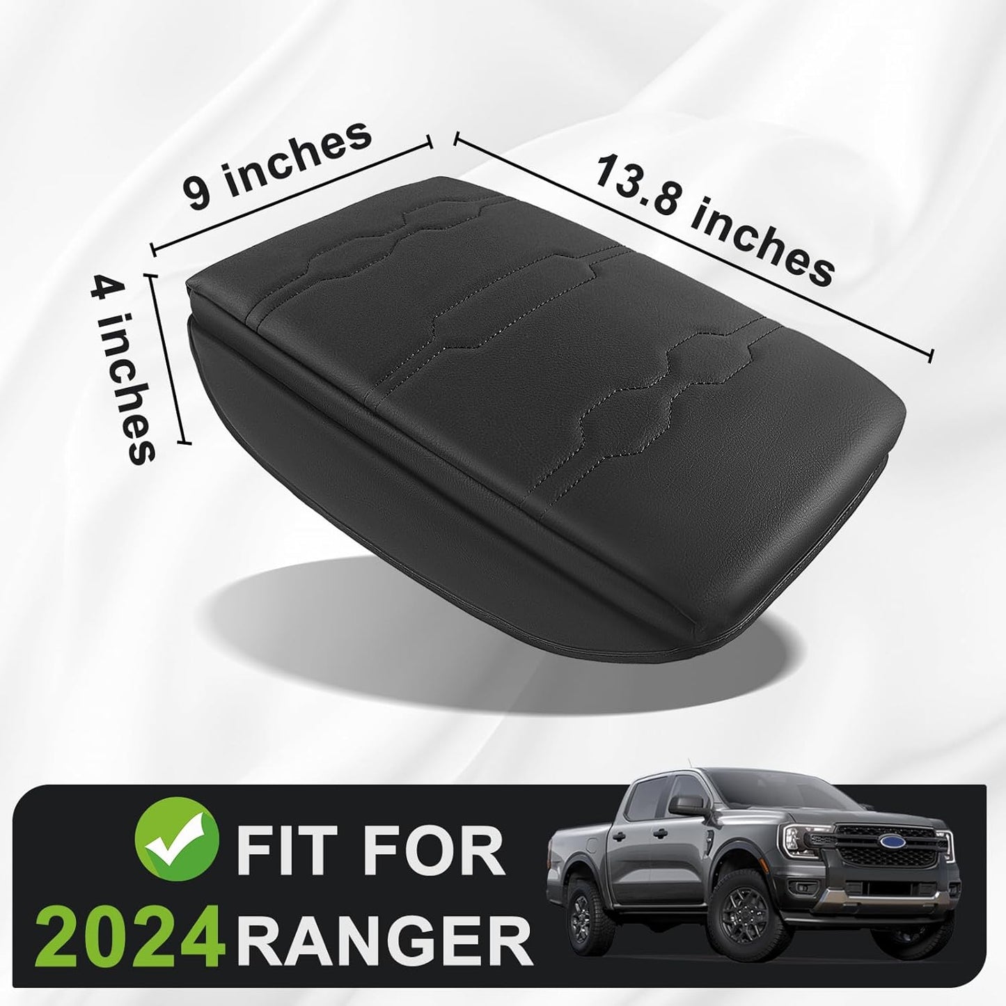 Muslogy Center Console Armrest Cover Compatible with Ford Ranger 2024 2025 Accessories Comfort Armrest Pad Cushion Box Lid Cover Vegan Leather Protector 1-Inch Extra Thick(Black/Black Stitching)