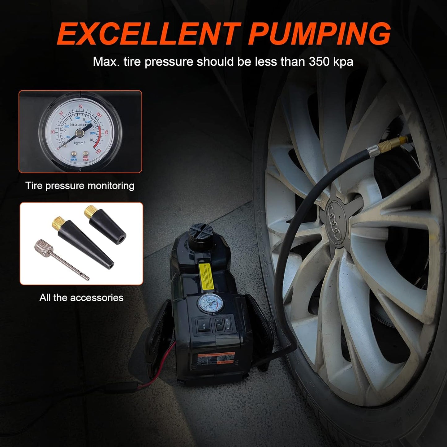 E-HEELP Electric Car Jack 5Ton 12V Kit Hydraulic (Lifting Range: 6.1~17.7 inch) with Inflator Electric Jack for Car SUV Sedan MPV Change Tires Garage Repair Emergency Kit