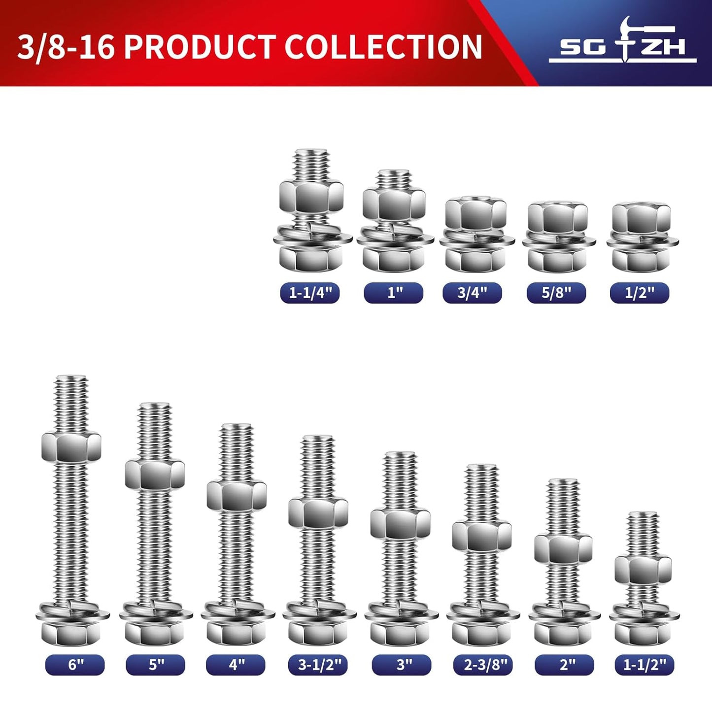3/8-16 x 5/8" Hex Head Screw Bolt, Nuts, Flat & Lock Washers, 10Pcs 18-8 (304) Stainless Steel, Fully Threaded, by SG TZH