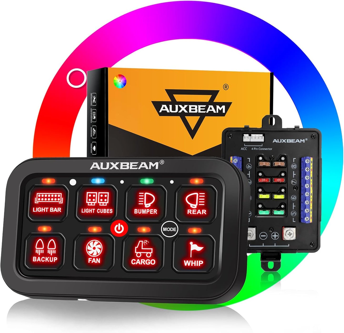 Auxbeam Switch Panel RB80 RGB 8 Gang Switch Panel Auto-Dimmable Multifunction Switch Panel w/Momentary Toggle Pulsed Memory, Aluminum Switch Panel for Truck Boat Car RV Waterproof, 2-Year Warranty