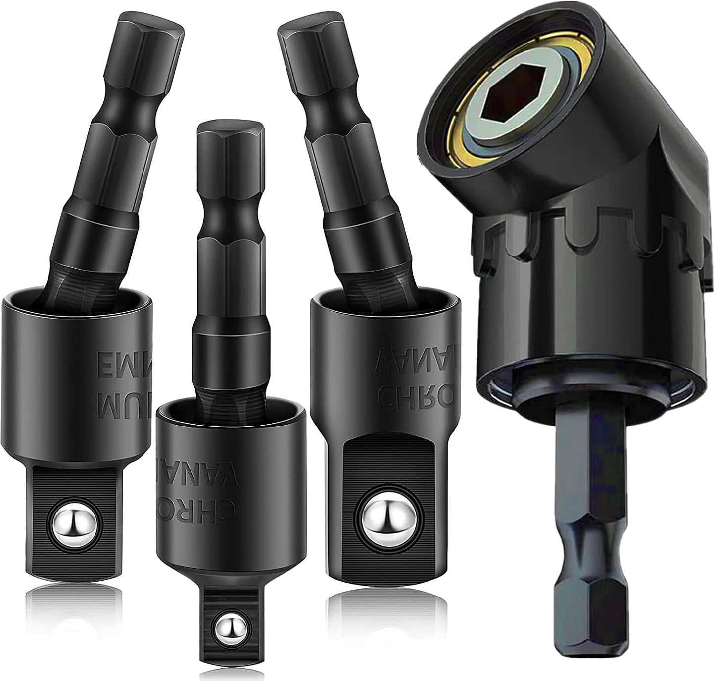 105 Degree Right Angle Drill Adapter Set, 1/4-1/2 Inch Socket Adapters, 4-in-1 Impact Grade Extension Kit with 360° Rotation for Household Workplace Industry
