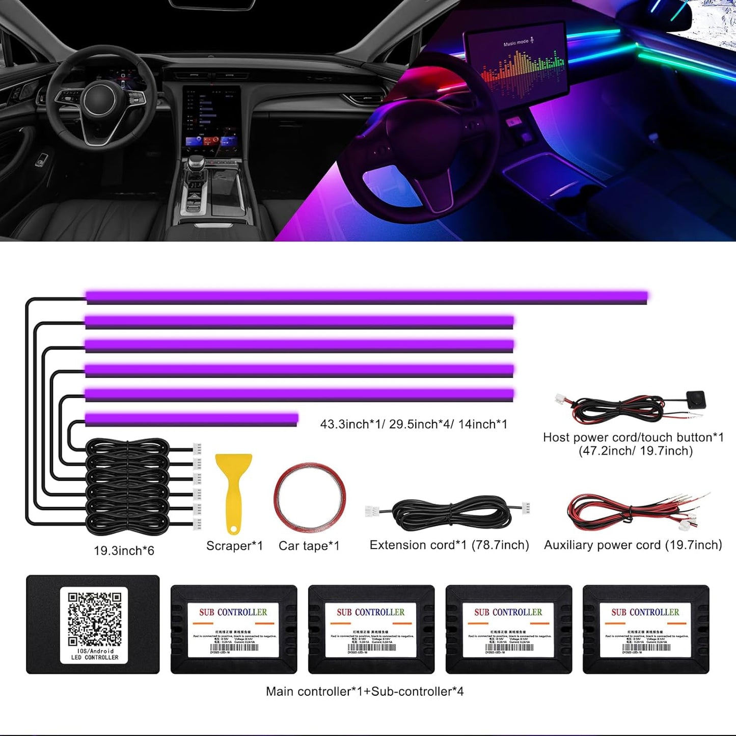 Acrylic Interior Car LED Strip Light with Wireless APP, RGB 6 in 1 with 175 inches 593 LEDs Fiber Optic Ambient Lighting Kits, 16 Million Colors Sound Active Function Car Neon Lights
