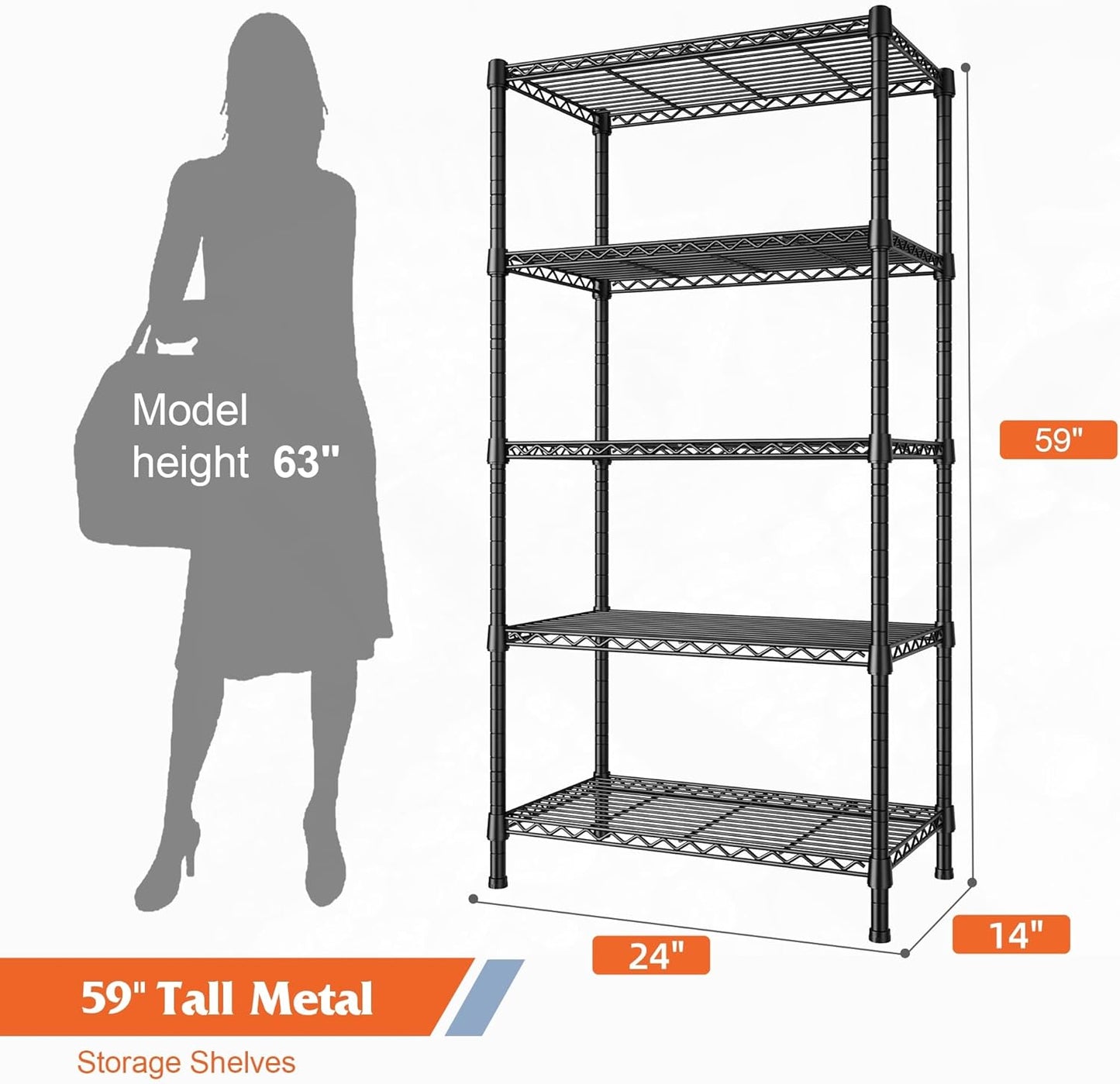 REIBII Wire Shelving Rack 5-Tier Metal Shelves for Storage Adjustable Garage Shelving Heavy Duty Storage Shelves for Storage Rack, 24" W X 14" D X 59" H