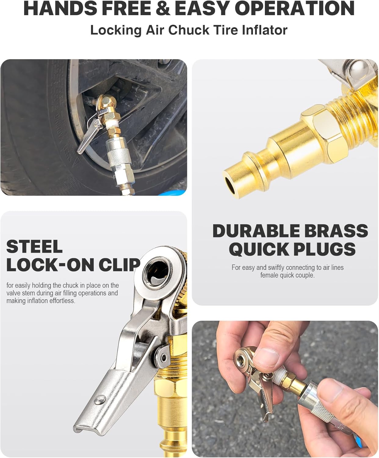 2-Pack 1/4 Inch Female NPT Closed Ball Tire Inflator with Clip, Locking Quick Connect, Clip-On Air Chucks for Truck RV Auto Car Air Compressor