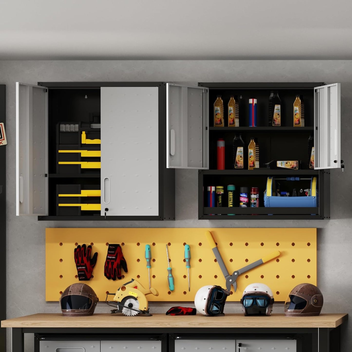 Metal Tool Cabinet,Garage Storage Cabinet System,Wall Cabinet & Locking Rolling Tool Cabinet with Doors and Adjustable Shelves,Steel Tool Cabinets for Home,Office (2 Pcs-StyleA, Black & Grey)