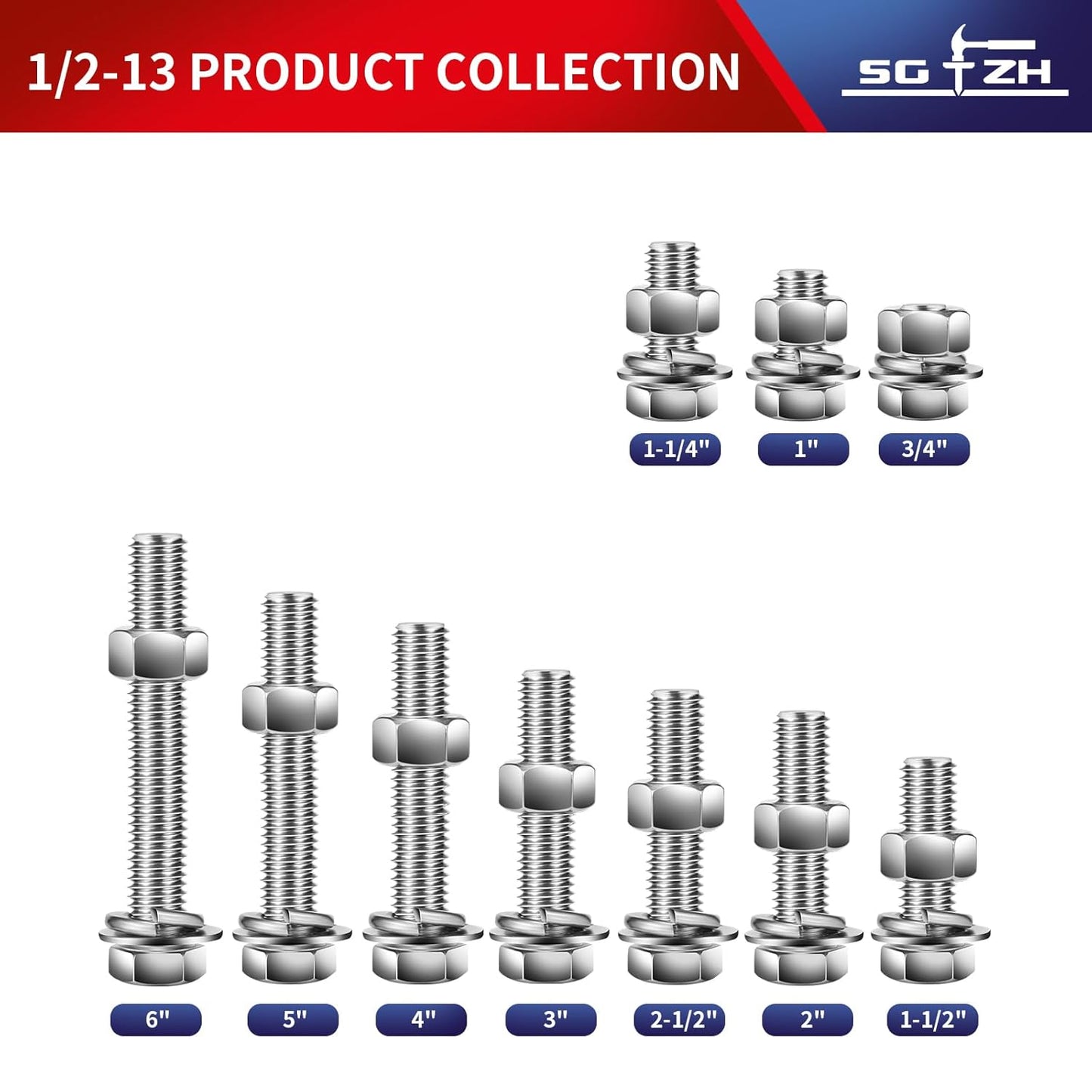 1/2-13 x 3/4" Hex Head Screw Bolt, Nuts, Flat & Lock Washers, 20Pcs 18-8 (304) Stainless Steel, Fully Threaded, by SG TZH