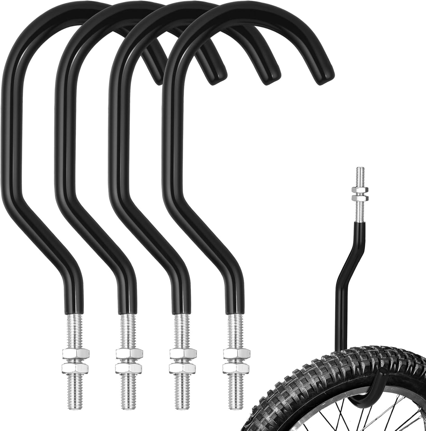 Shimeyao 4 Pcs Machine Thread Bicycle Storage Hook with Nut Heavy Duty Bike Hooks M10 x 1.5 Machine Threading Hook Rubber Coated Bicycle Hanger for Hanging Large Mountain Bike Tire (2.17 Inch,Black)