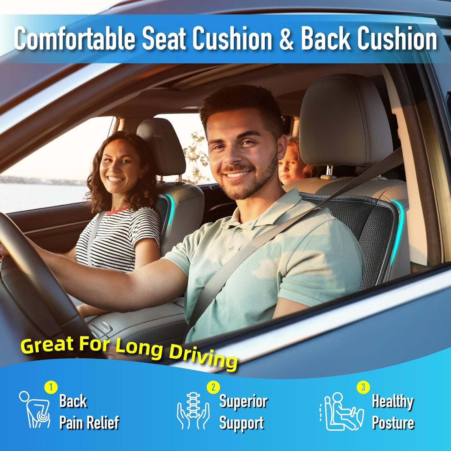 Car Seat Cushion with Back Support Pillow, Comfy Lumbar Support & Seat Cushion, Memory Foam Driving Pillow for Back-Sciatica Pain Relief, Auto Pad Suitable for Car, Truck, SUV - 4D Mesh Black