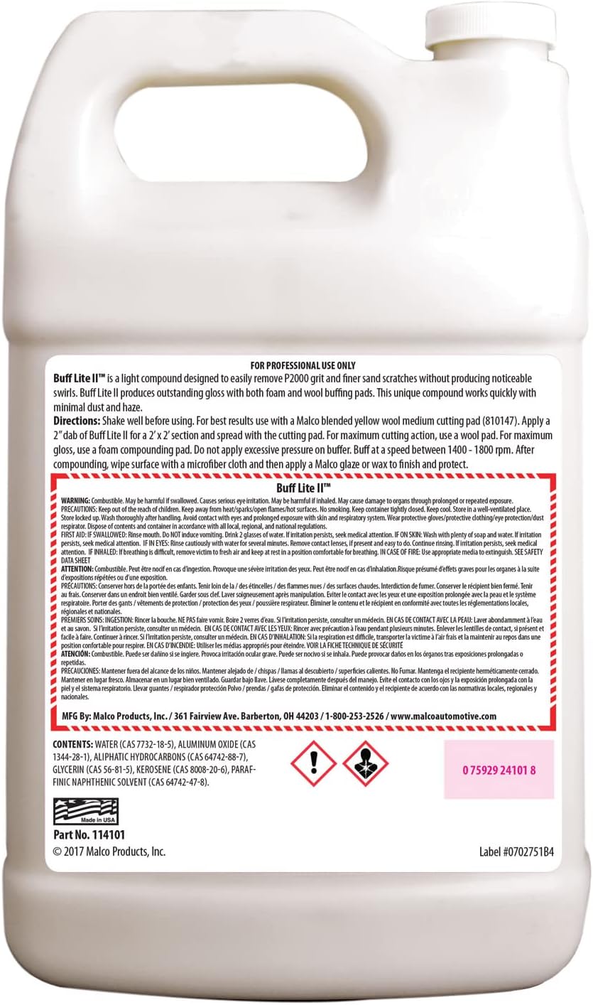 Malco Buff Lite II Finishing Crème – One-Step Professional Cutting, Polishing and Finishing Compound/Removes Brush Marks, Car Wash Scratches, and Snow Brush Scratches / 1 Gallon (114101)