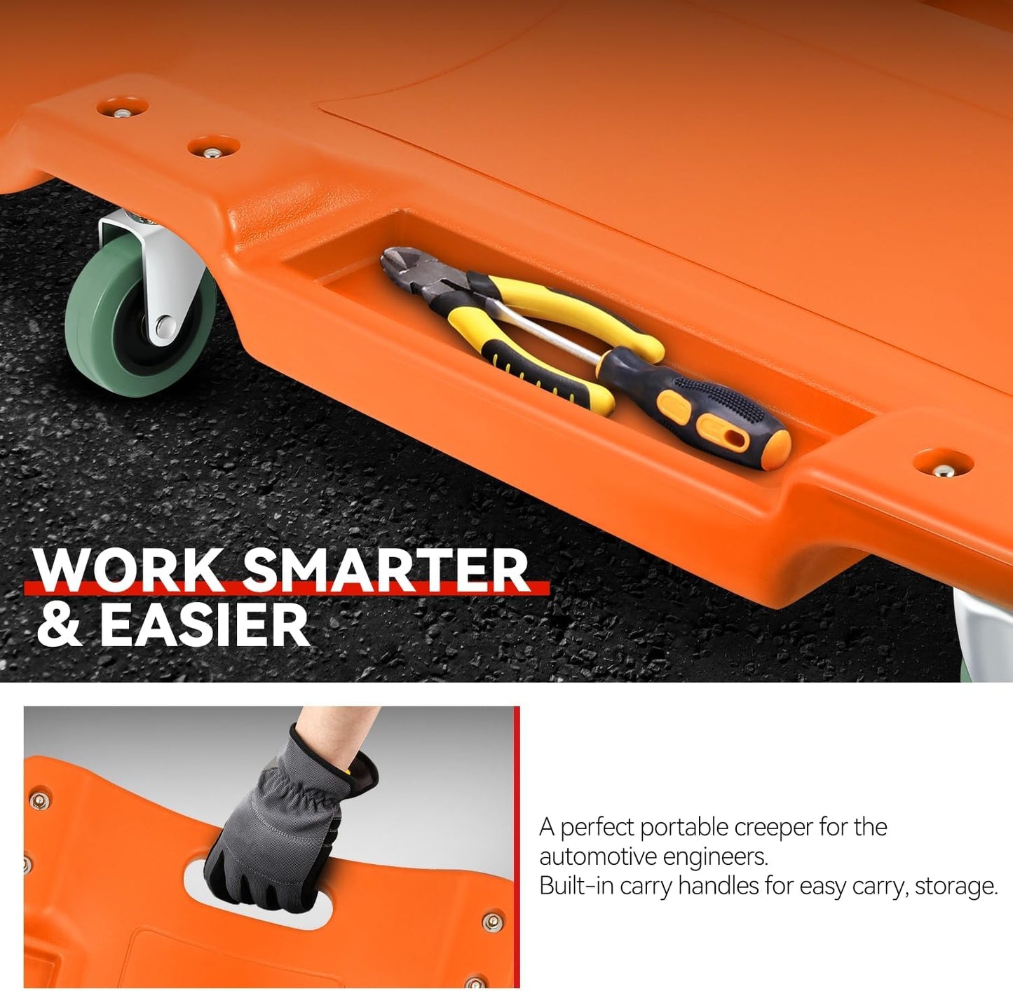 Auto Dynasty 40 Inches Mechanic Creeper, Automotive Garage Repair Low Profile Under Car Rolling Creeper with Padded Headrest, Plastic, Orange