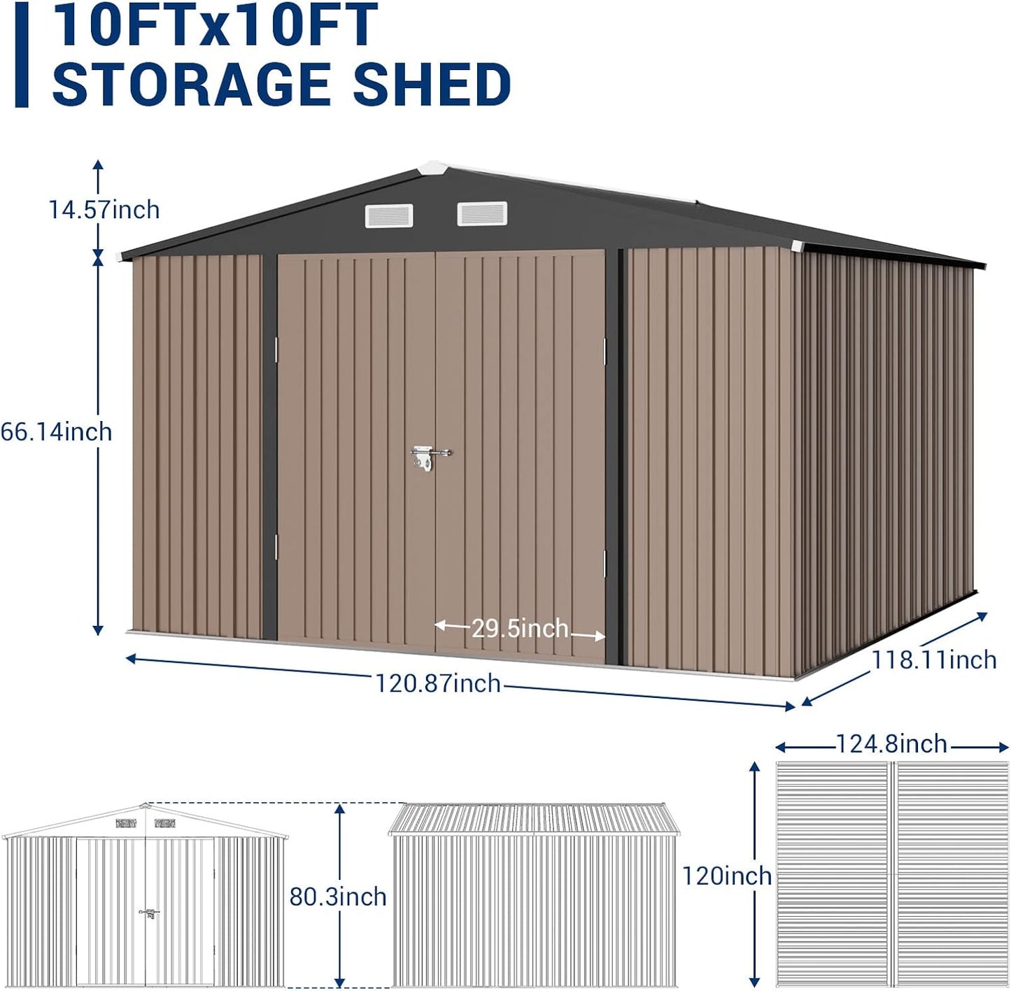 UDPATIO Outdoor Storage Shed 10x10 FT, Outside Sheds & Outdoor Storage Metal Galvanized Steel for Backyard, Patio, Lawn, Tool Shed with Lockable Door for Trash Can, Bike, Lawnmower, Generator