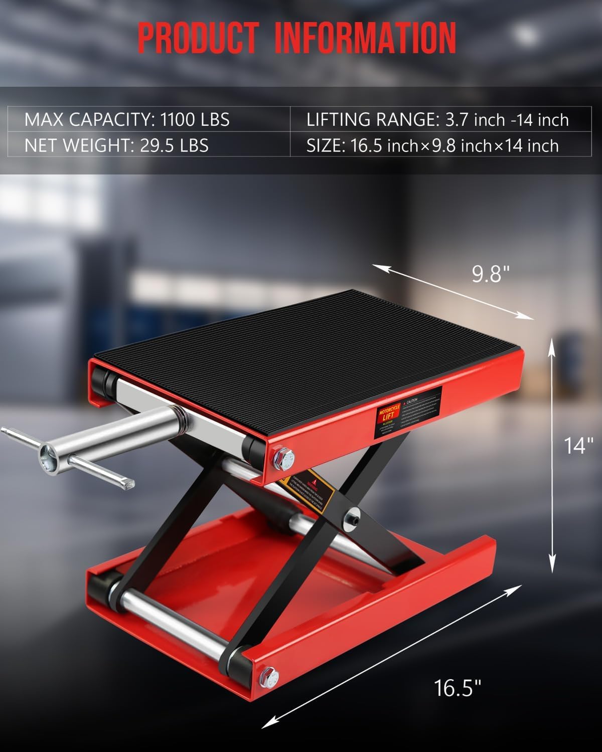 Motorcycle Scissor Jack - 1100LBS Heavy Duty Motorcycle Lift with Safety Lock Pin & Non-Slip Saddle, Manual Crank Handle, 3.7"-18.7" Lift Range for Dirt Bike Stand, Cruiser & ATV Garage Repair
