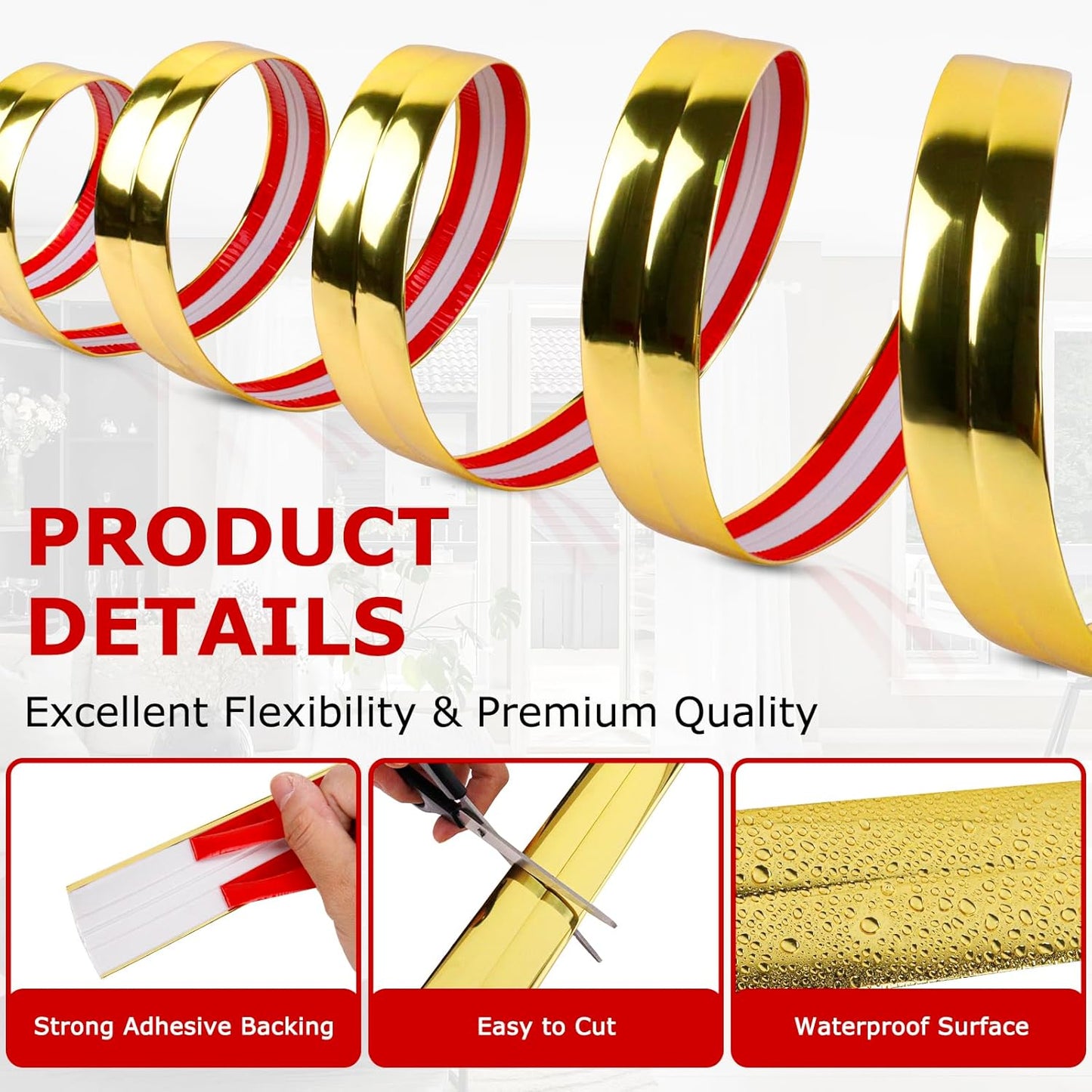 Flexible Wall Corner Protector Moulding Trim Peel and Stick Wall Corner Guards Edge Protector Self Adhesive Molding Trim Strip for Edge Ceiling (Gold, 1.6 in x 20 Ft)
