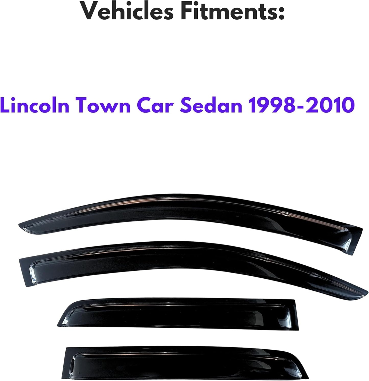 KPY Window Visor Compatible with Lincoln Town Car Sedan 1998-2010, Rain Guard Window Vent Deflectors Tape-On Style, 1998 1999 2000 2001 2002 2003 2004 2005 2006 2007 2008 2009 2010 (Sedan Only)