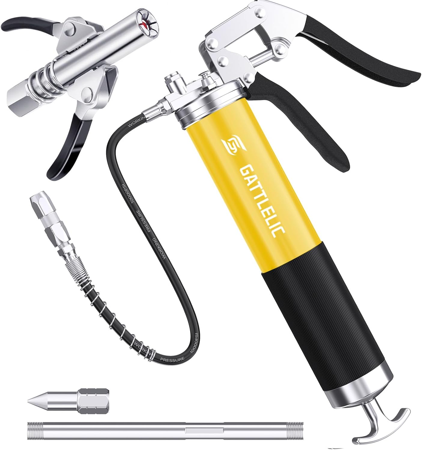 8000 PSI Heavy Duty Grease Gun Kit - 14oz with Flex Hose, Sharp Nozzle, Extension Pipe & Coupler, Yellow