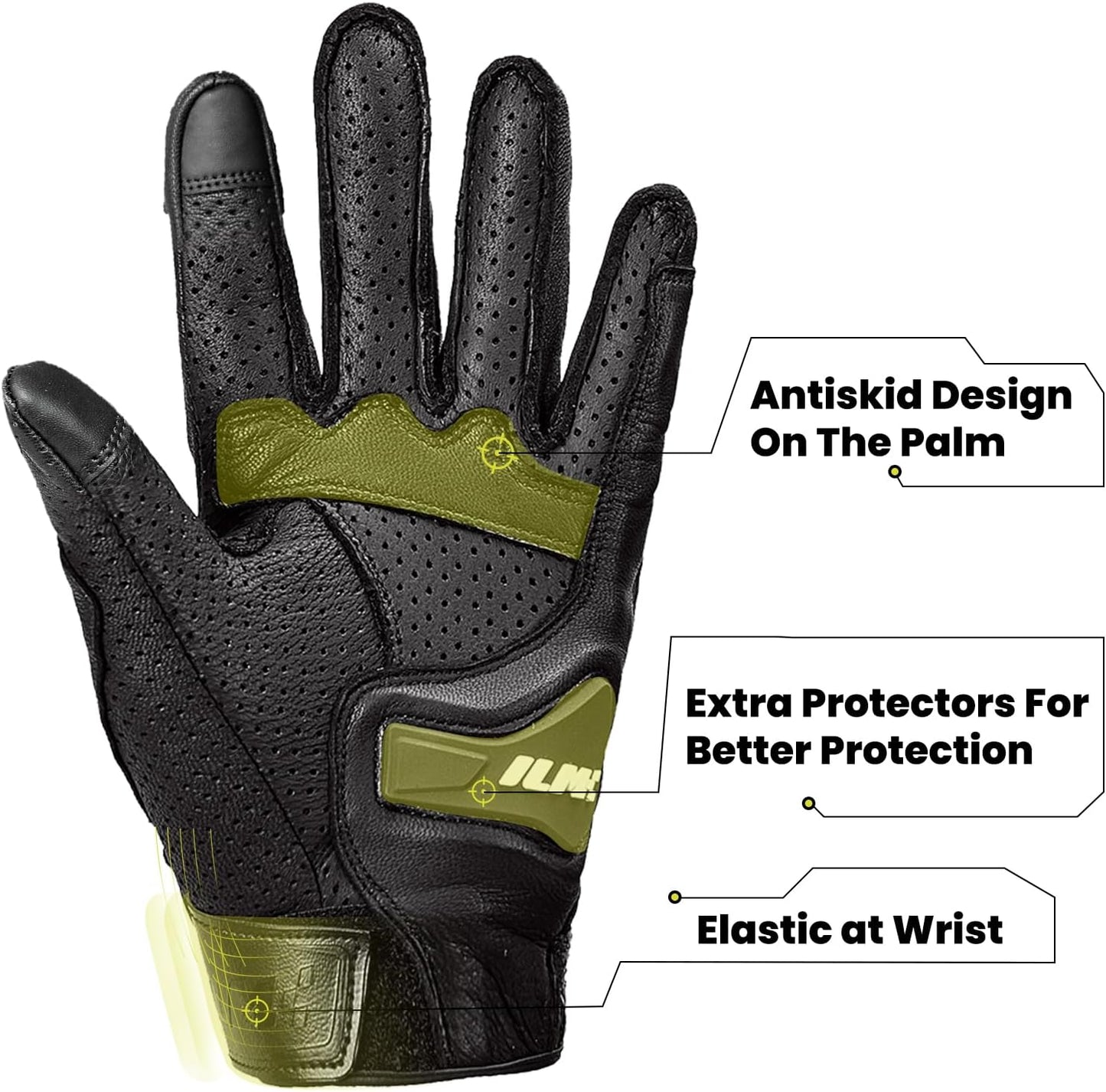 ILM Goatskin Leather Motorcycle Motorbike Powersports Racing Gloves Touchscreen for Men and Women Model DN01(M, Black Perforated)