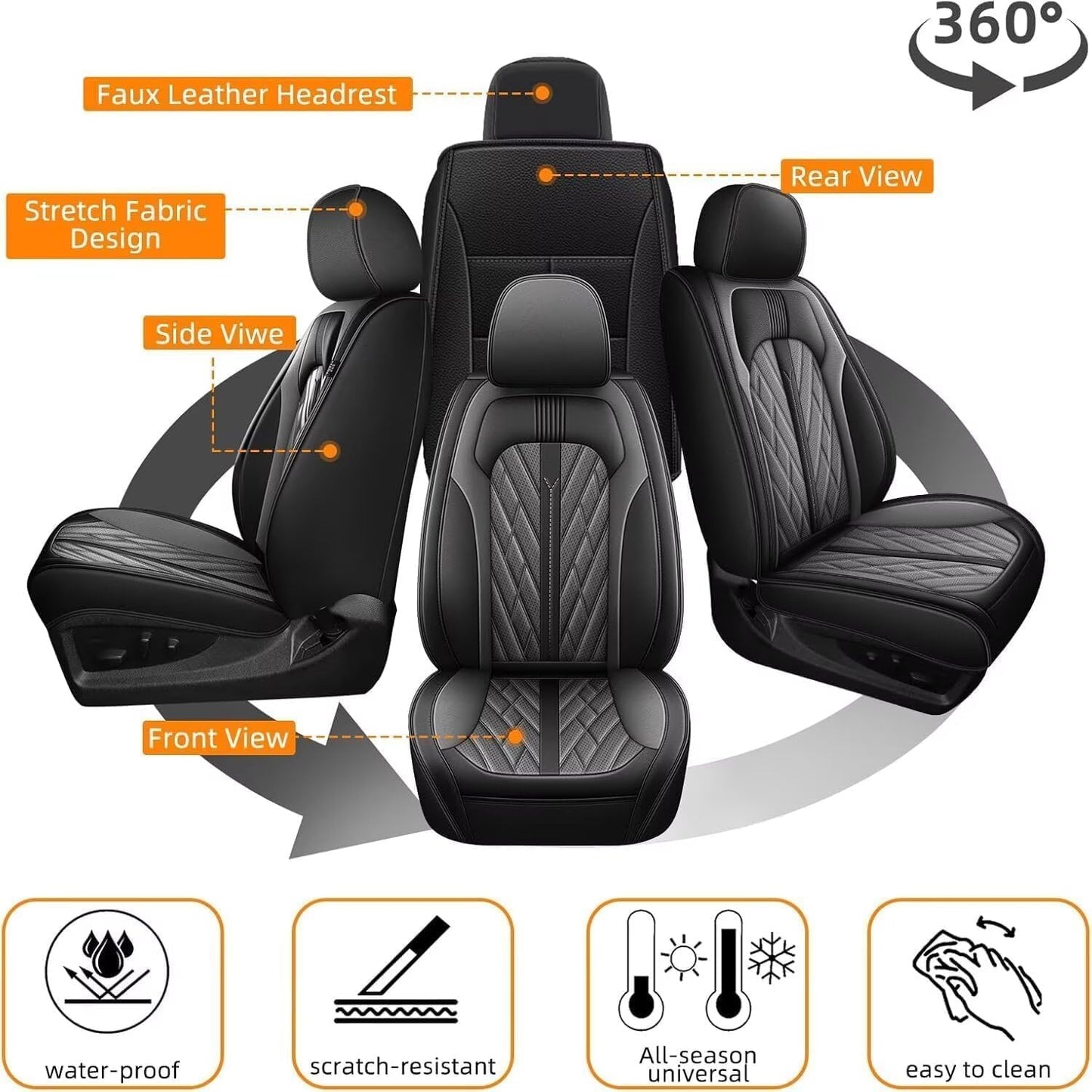 AOMSAZTO Ford Ranger Seat Covers: Full Set Custom Fit 2019 2020 2021 2022 2023 2024 2025 Ford Ranger Breathable Waterproof Leather Seat Protector(5 Seats, Black&Grey)