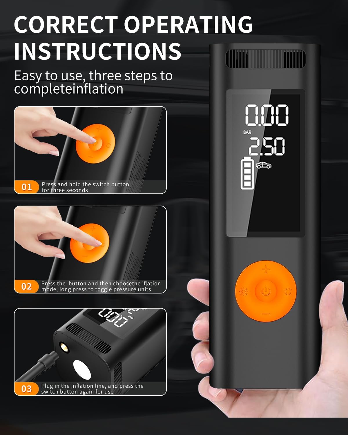 Tire Inflator Portable Air Compressor - 150PSI 4x Faster Portable Tire Inflator for Car - Air Pump For Car Tires with Digital Pressure AutoOff Smart Air Pump Suitable SUV, Bike and More (Orange)