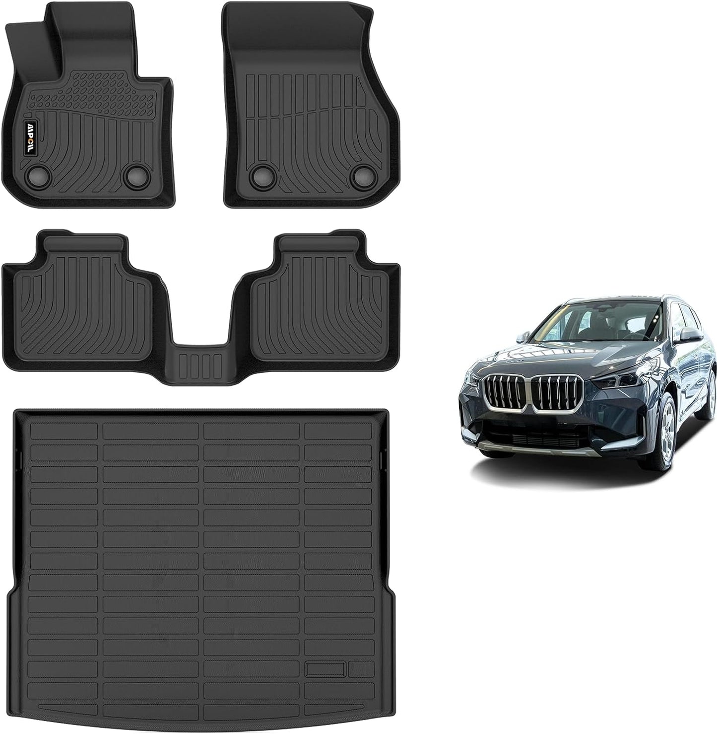 AIPOIL® Floor Mats & Cargo Liner Set for 2023-2025 BMW X1 All Weather Protection TPE Anti-Slip Automotive Full Set Custom Car Mats Accessories - Black