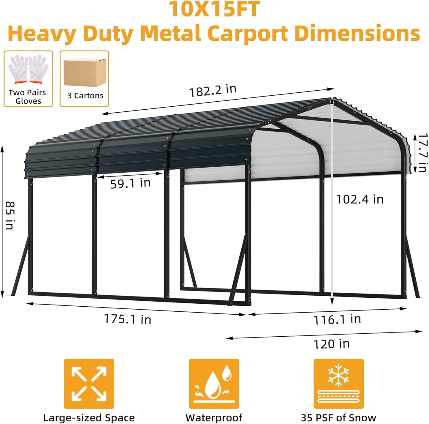 10 x 15 FT Metal Carport with Galvanized Steel Roof, Heavy Duty Metal Roof Carport with Enhanced Base, Tall Kits Garage for Tractors, Trucks, Boats, Cars