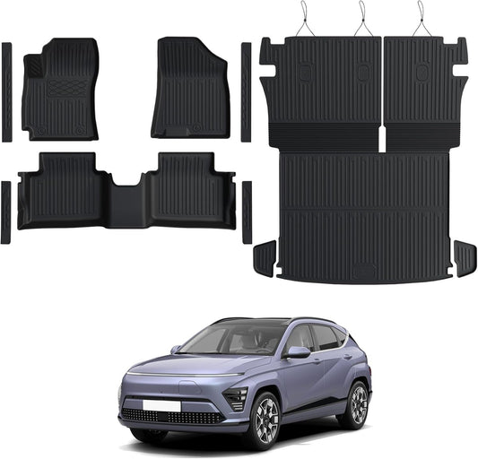 Floor Mats Set for 2024 2025 Hyundai Kona Gas, Full Coverage All Weather Floor Mats Cargo Mat with Backrest Protectors & Door Sill Guards for Hyundai Kona Accessories (Not fit EV/Electric)
