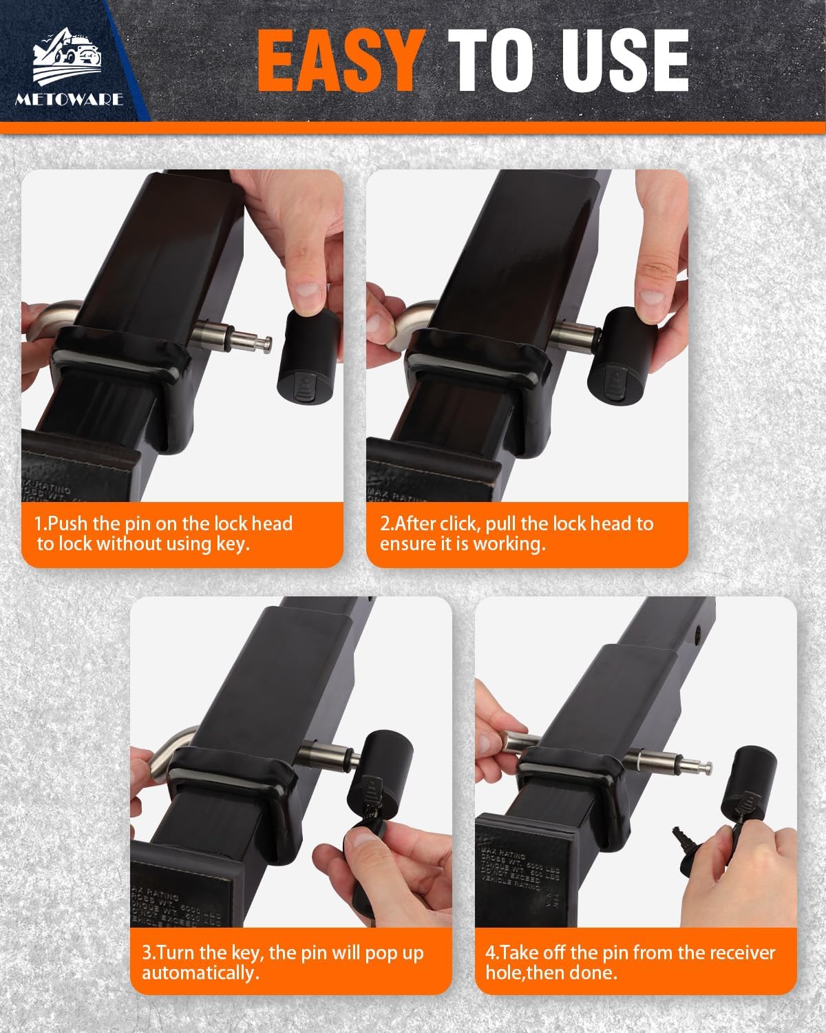 METOWARE Right-Angle Receiver Lock for Class I-IV, Stainless Steel, 1/2” and 5/8” Dual Bent Pin, Compatible with Most Hitches for Trailer Truck Car