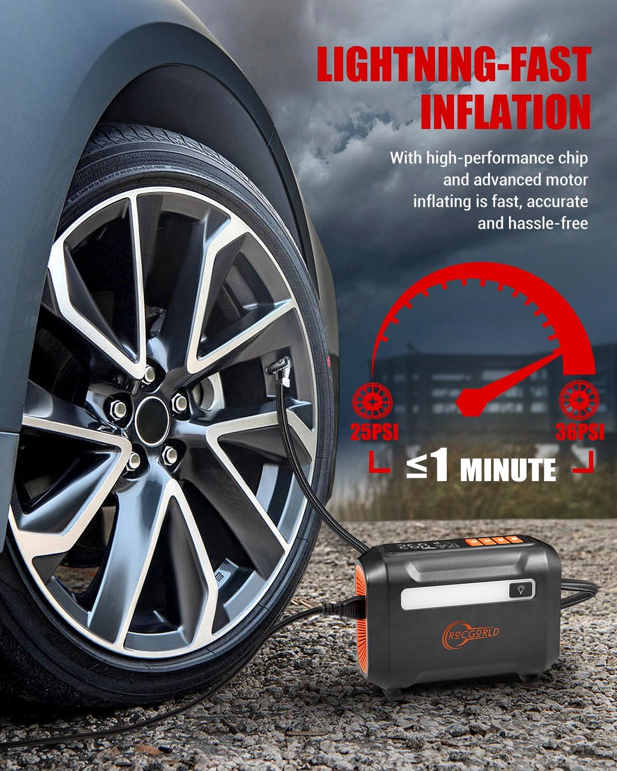 R8 Tire Inflator Portable Air Compressor, DC 12V Air Compressor for Car with Large Dual Digital Screen, 3X Faster Inflation Air Pump for Car Tires, Bike, Ball, Motor - Car Accessories